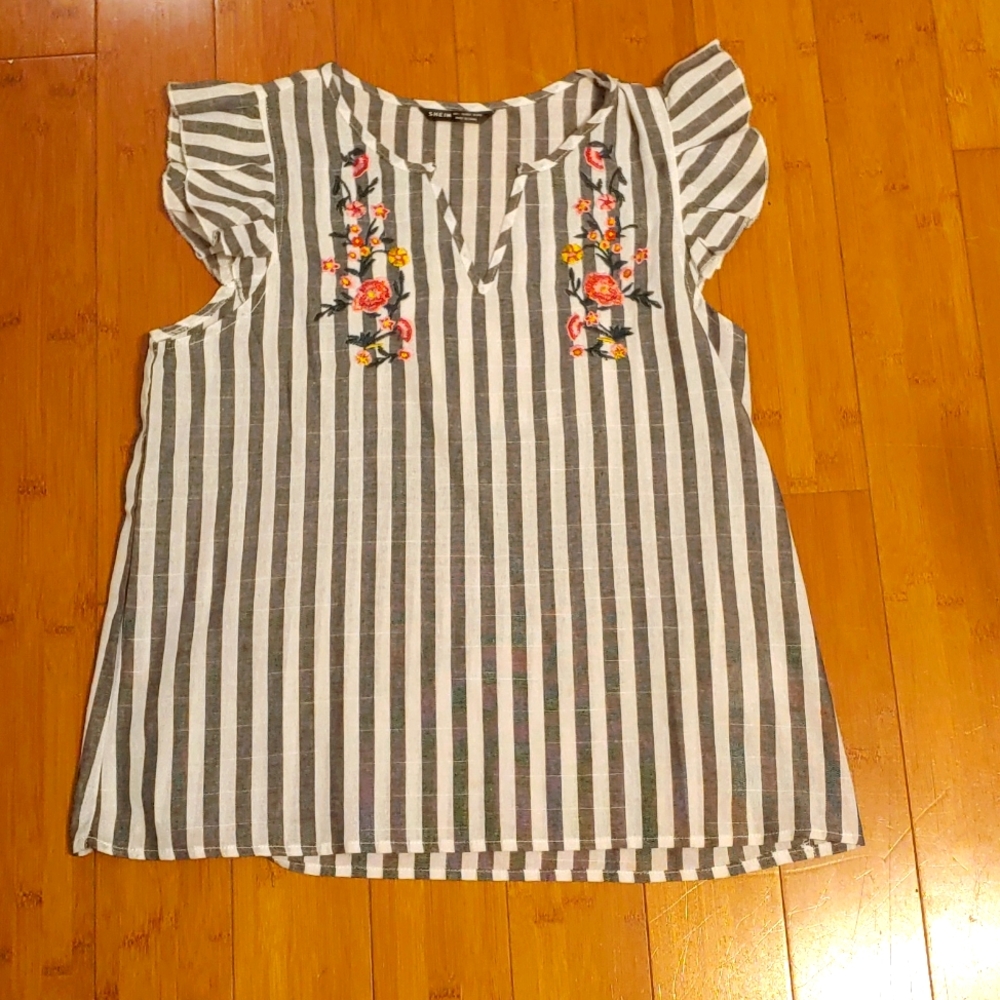 SHEIN Embroidered striped blouse Sz L